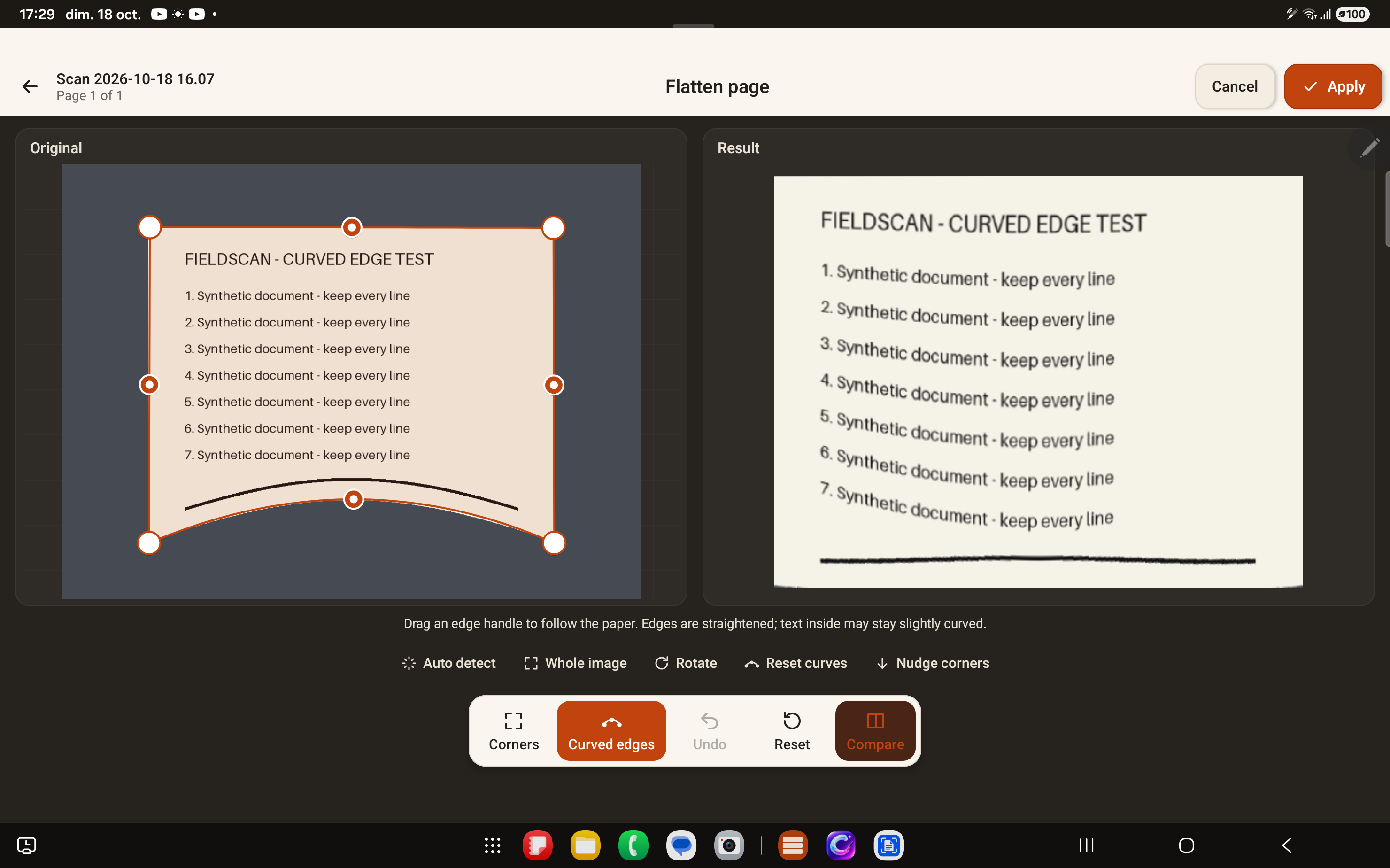 FieldScan Next running on a Samsung tablet, with original and edited document previews
